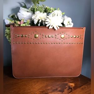 NWT! Frye Harness Stud Pouch. Tan Brass Studding Detail. Clutch bag.